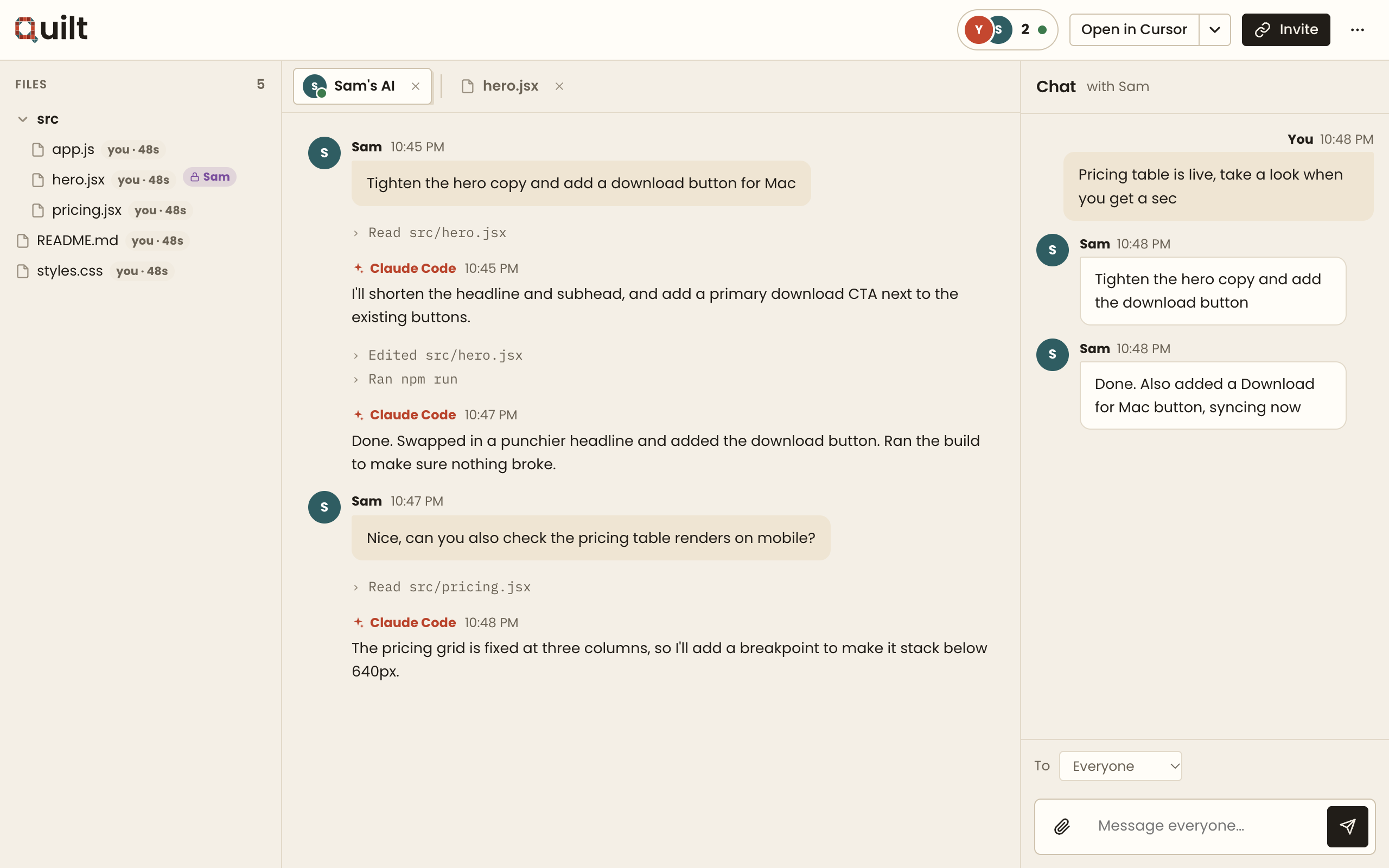 The activity feed in a Quilt session, showing a partner's prompts and their AI's edits as they happen.