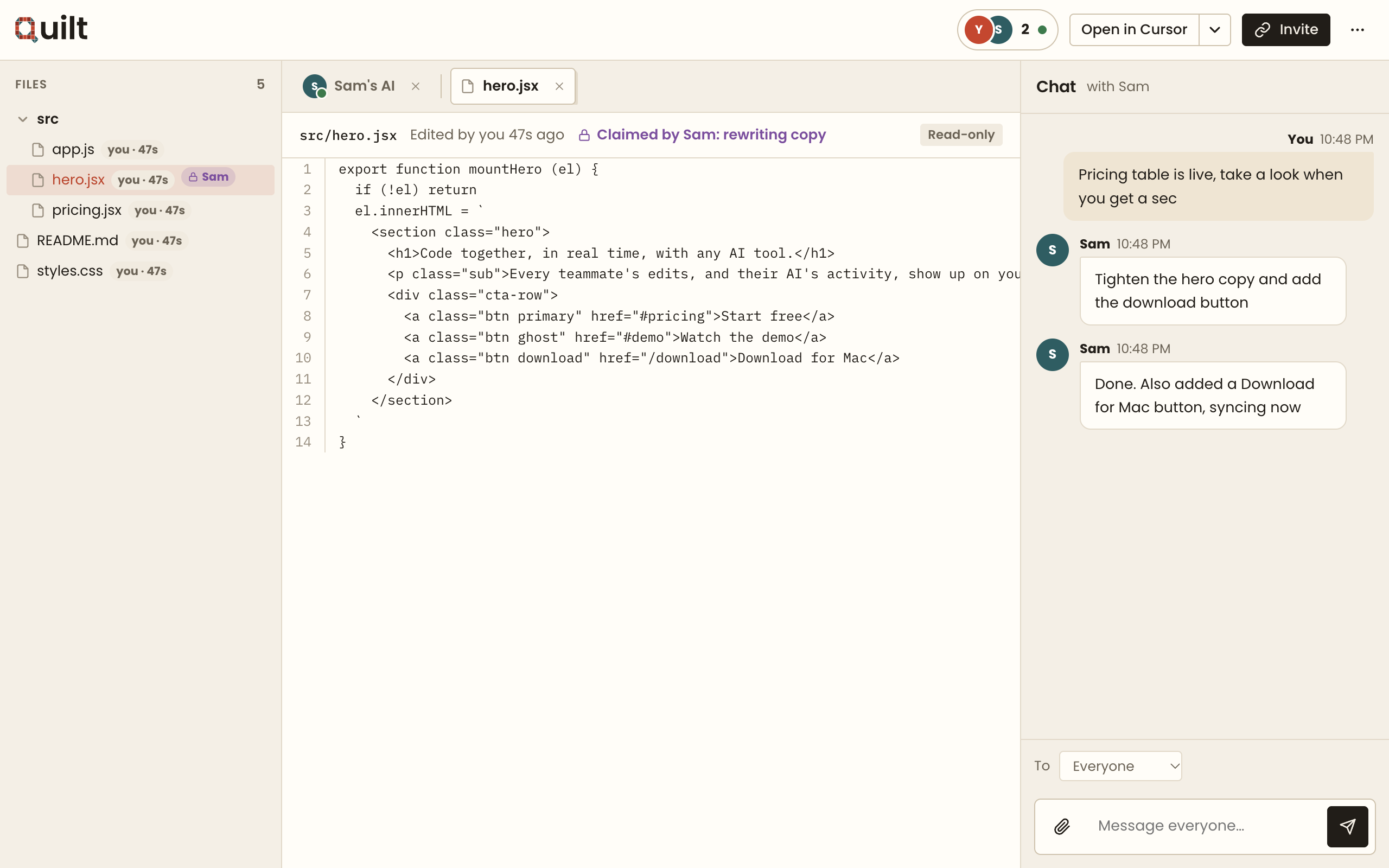 A live Quilt session, with both partners editing the same project and a feed of what each AI is doing.